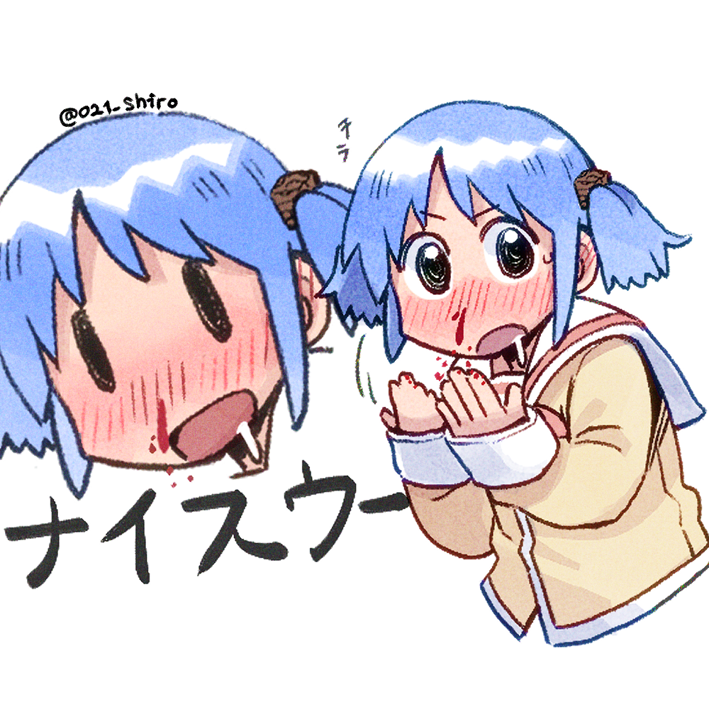 021_shiro 1girl black_eyes blood blue_hair blush cube_hair_ornament drooling hair_ornament long_sleeves looking_at_viewer naganohara_mio nichijou nosebleed open_mouth saliva school_uniform short_hair short_twintails simple_background solo translation_request twintails white_background