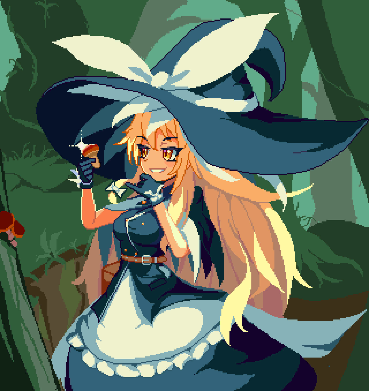 1girl black_gloves black_headwear blonde_hair bow breasts brodall_pixel brown_eyes gloves grin hat hat_bow hat_ribbon highres holding holding_mushroom kirisame_marisa large_breasts mushroom outdoors parted_lips pixel_art ribbon short_sleeves smile solo teeth touhou white_bow white_ribbon witch_hat