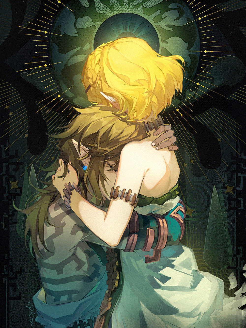 1boy 1girl arm_tattoo armlet bare_shoulders black_background black_skin blonde_hair bracelet braid brown_hair cat_princess colored_skin crown_braid dress from_side grey_dress hair_ornament hairclip highres hug jewelry link long_hair multicolored_background pointy_ears princess_zelda short_hair shoulder_tattoo strapless strapless_dress tattoo the_legend_of_zelda the_legend_of_zelda:_tears_of_the_kingdom