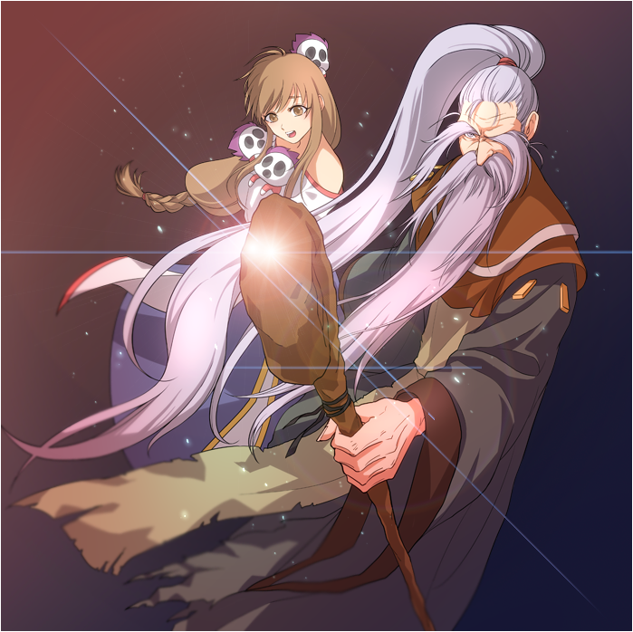 1boy 1girl arc_the_lad arc_the_lad_ii bare_shoulders braid brown_eyes brown_hair dress full_body gogen_(arc_the_lad) lieza_(arc_the_lad) long_hair low-tied_long_hair open_mouth over_wassyoi single_braid sparkle staff very_long_hair
