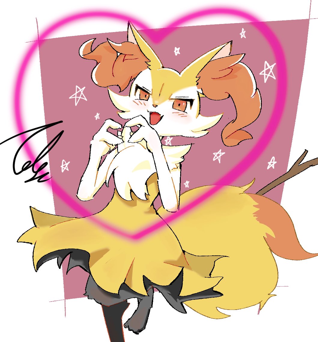 1girl animal_ear_fluff animal_ears animal_hands animal_nose artist_name black_fur blush body_fur border braixen commentary fang flat_chest fox_ears fox_girl fox_tail furry furry_female hands_up happy heart heart_hands leg_up looking_at_viewer multicolored_fur neck_fur open_mouth outside_border pokemon pokemon_(creature) purple_background red_eyes signature smile solo standing standing_on_one_leg star_(symbol) stick tail tale_(b8codomu) white_border white_fur yellow_fur