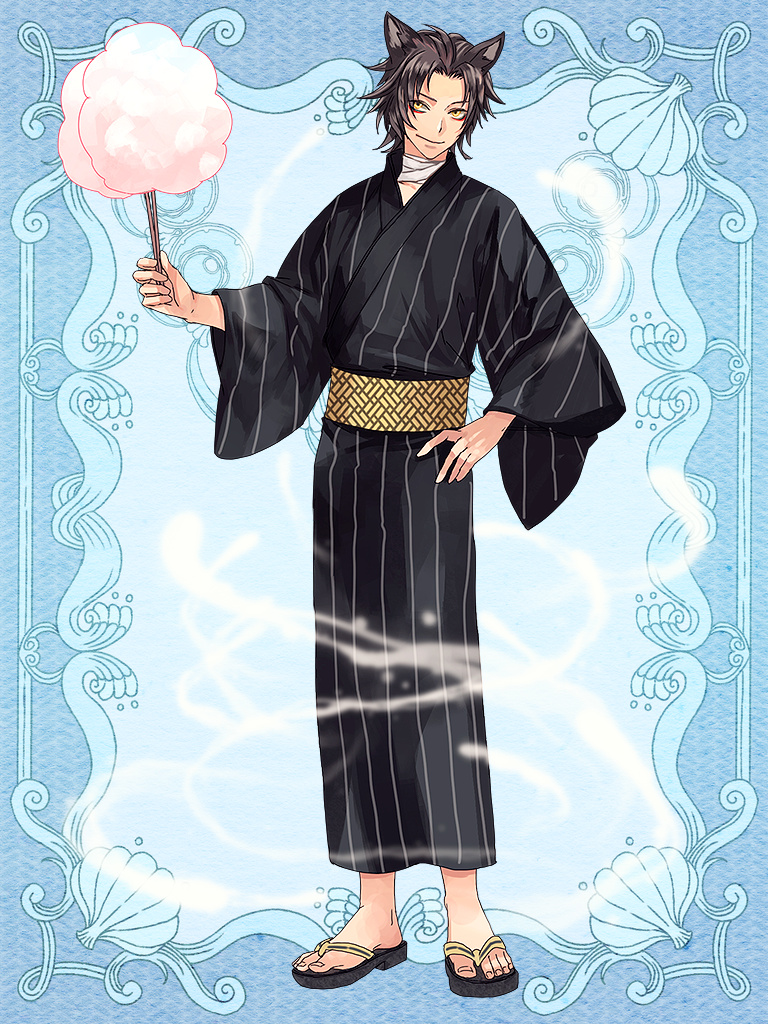 1boy animal_ears black_kimono blue_background cotton_candy full_body hand_on_own_hip japanese_clothes kasumi_(tw) kimono looking_at_viewer male_focus psychic_hearts sandals short_hair smile solo wide_sleeves yellow_eyes