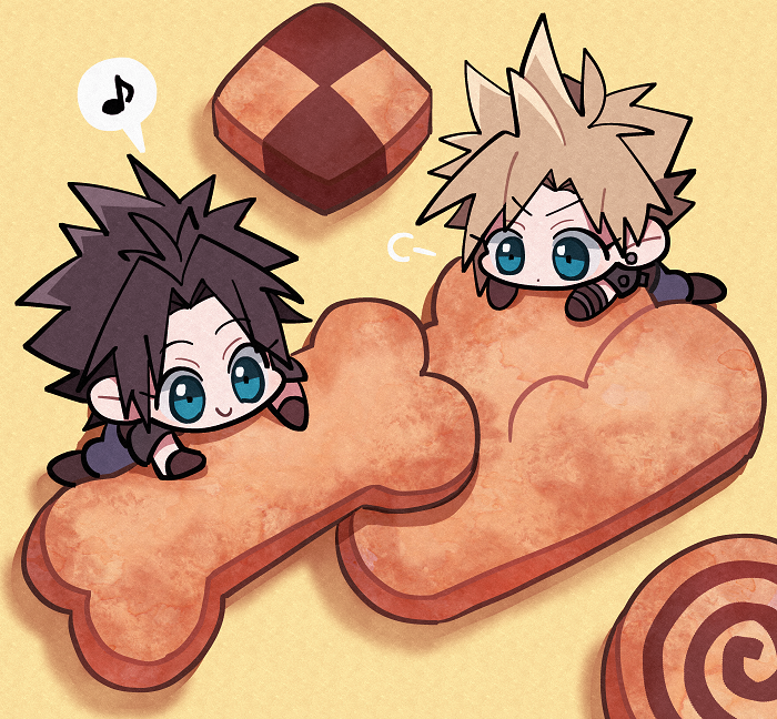 2boys armor black_hair blonde_hair blue_eyes blue_pants boots chibi cinnamon_roll cloud_strife dog_biscuit earrings final_fantasy final_fantasy_vii final_fantasy_vii_remake jewelry male_focus minimized multiple_boys musical_note pants parted_bangs pet_food short_hair shoulder_armor smile spiky_hair spoken_musical_note ttnoooo v-shaped_eyebrows yellow_background zack_fair