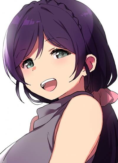 1girl :d braid duke_(inu_daimyou) green_eyes grey_sweater long_hair looking_at_viewer love_live! love_live!_school_idol_project low_twintails open_mouth purple_hair simple_background sleeveless sleeveless_sweater smile solo sweater teeth toujou_nozomi twintails upper_body upper_teeth_only white_background