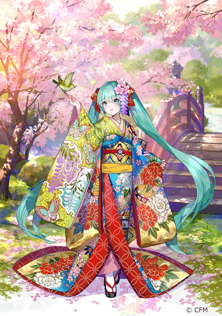 aqua_hair architecture bird bird_on_hand blue_kimono bridge cherry_blossoms commentary_request east_asian_architecture floral_print flower full_body furisode fuzichoco hair_flower hair_ornament hatsune_miku highres japanese_clothes kanzashi kimono long_hair multicolored_clothes multicolored_kimono okobo outdoors print_kimono red_kimono socks tabi twintails very_long_hair vocaloid white_socks wide_sleeves yellow_kimono