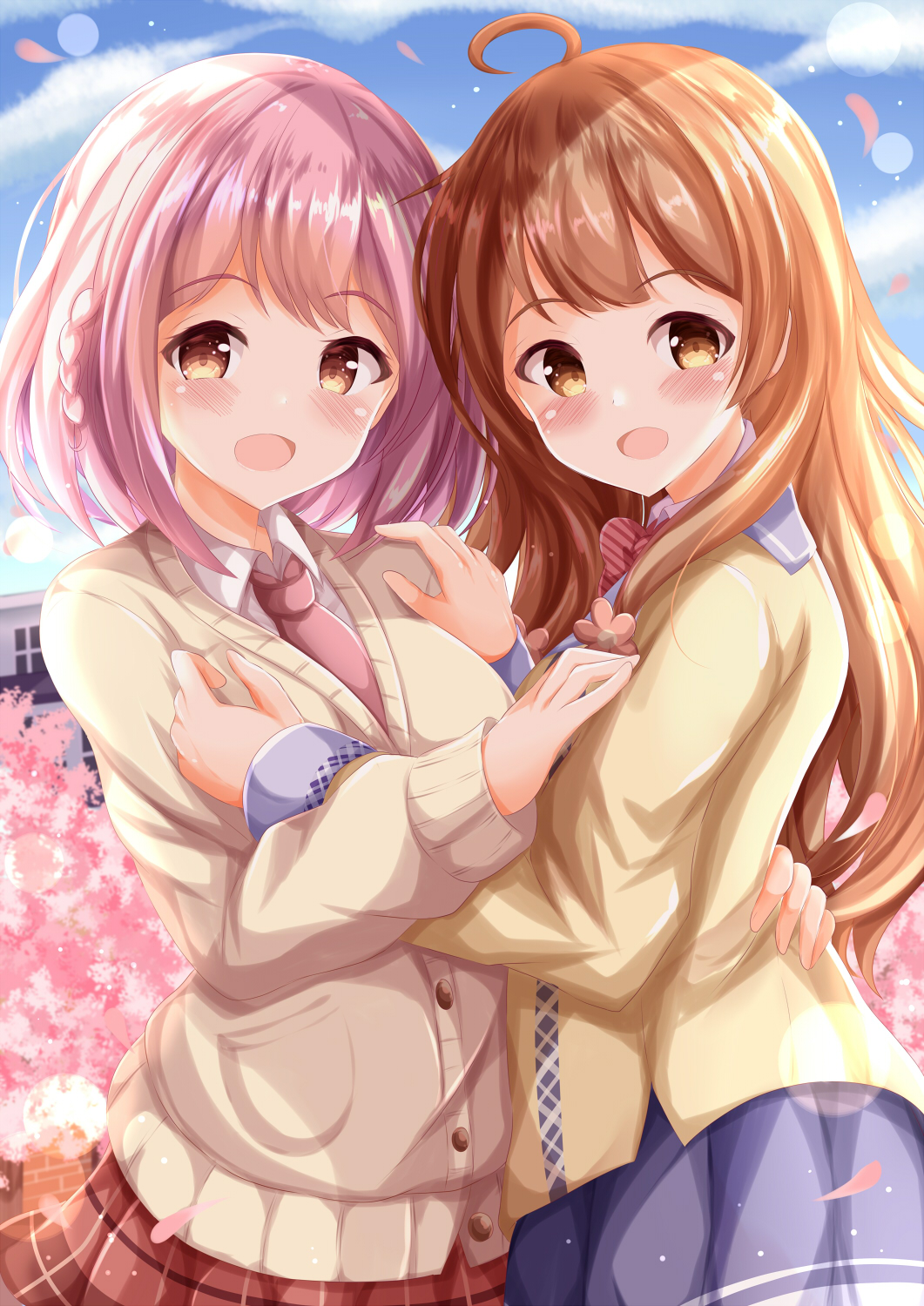 2girls :d ahoge blue_skirt blue_sky blush braid breasts brown_cardigan brown_eyes brown_hair cardigan clouds cloudy_sky collared_shirt commentary_request commission crossover day flower highres hinabita hoshizaki_akari medium_breasts multiple_girls necktie ongeki outdoors petals pink_flower pink_hair pink_necktie plaid plaid_skirt pleated_skirt red_skirt school_uniform shirt skeb_commission skirt sky smile white_shirt yamagata_marika zenon_(for_achieve)