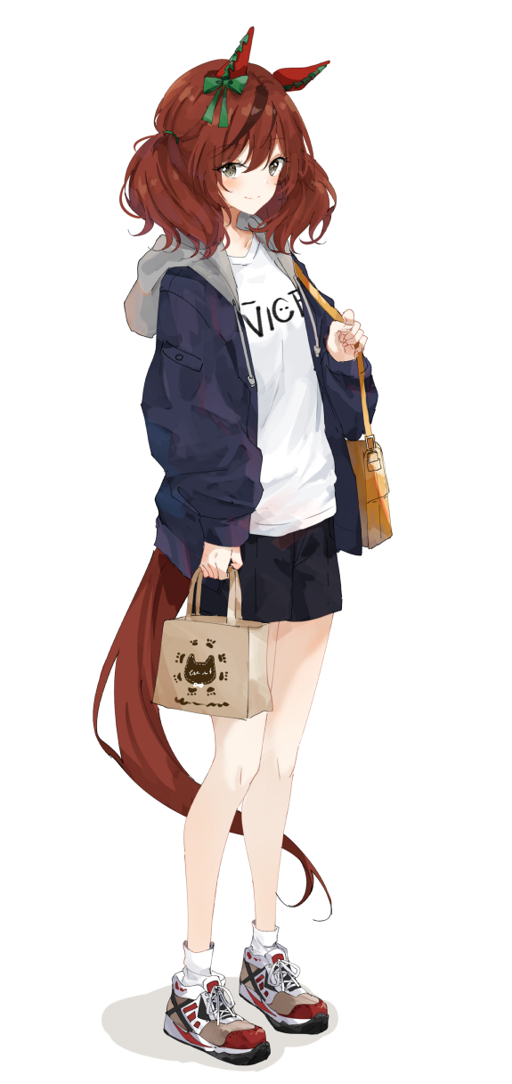 1girl alternate_costume animal_ears arm_at_side bag black_shorts blue_jacket brown_hair casual closed_mouth ear_covers full_body highres holding holding_bag hood hood_down hooded_jacket horse_ears horse_girl horse_tail jacket looking_at_viewer medium_hair multicolored_hair nice_nature_(umamusume) ninjin_nouka open_clothes open_jacket shirt shoes shopping_bag shorts shoulder_bag simple_background smile sneakers socks solo standing streaked_hair tail umamusume white_background white_shirt white_socks yellow_eyes