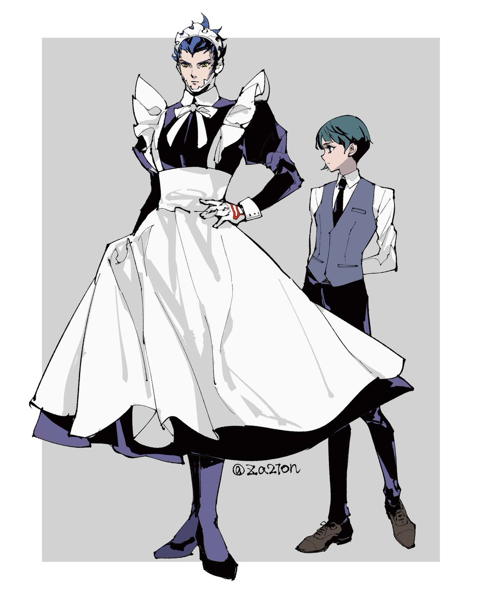 2boys alternate_costume aogami_(smtv) apron arms_behind_back black_dress black_footwear black_hair black_pants blue_hair closed_mouth crossdressing dress enmaided full_body gloves hand_on_own_hip highres long_sleeves maid maid_headdress male_focus multiple_boys necktie pants protagonist_(smtv) shin_megami_tensei shin_megami_tensei_v shirt simple_background standing twitter_username vest white_apron white_gloves white_shirt za210n