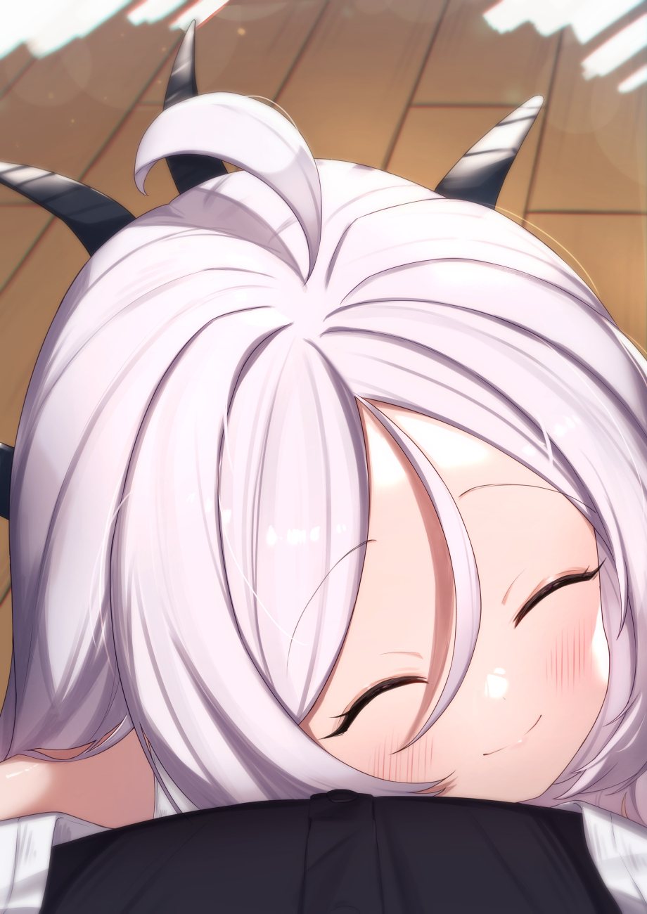 1boy 1girl ahoge blue_archive blush closed_eyes closed_mouth commentary demon_horns forehead grey_hair hair_between_eyes highres hina_(blue_archive) horns hug no_halo parted_bangs pov sensei_(blue_archive) smile solo_focus uneg wooden_floor