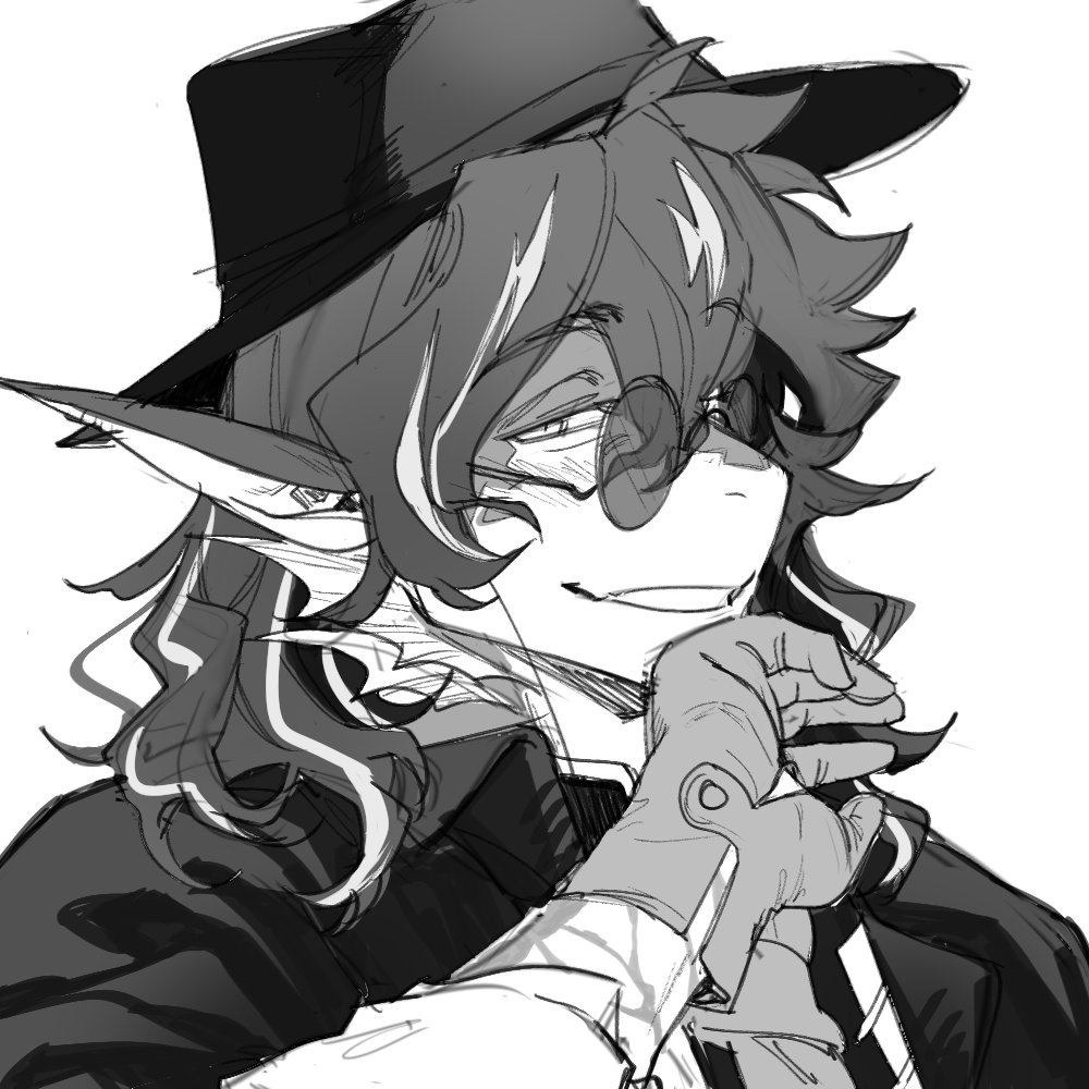 1boy arknights chenjuee chinese_commentary coat dragon_boy furry furry_male gloves hat lee_(arknights) long_hair looking_at_viewer male_focus monochrome pointy_ears round_eyewear scarf smile solo