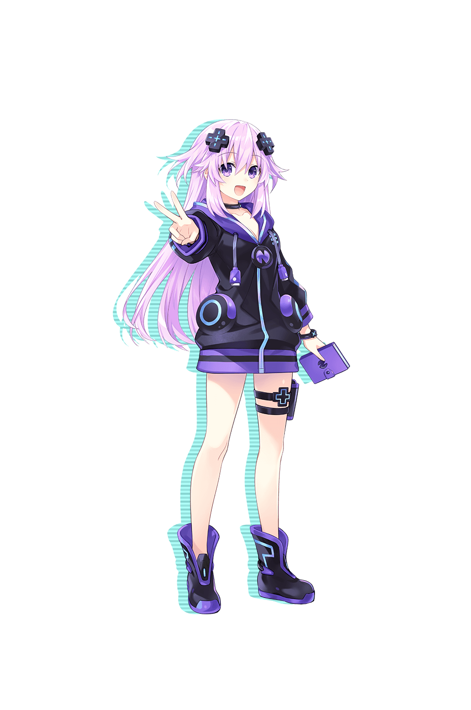 adult_neptune aged_up alternate_color book choker d-pad d-pad_hair_ornament hair_ornament highres holster hood hooded_jacket hooded_track_jacket jacket long_hair neptune_(series) official_alternate_hair_length official_alternate_hairstyle official_art purple_hair track_jacket transparent_background tsunako usb v violet_eyes