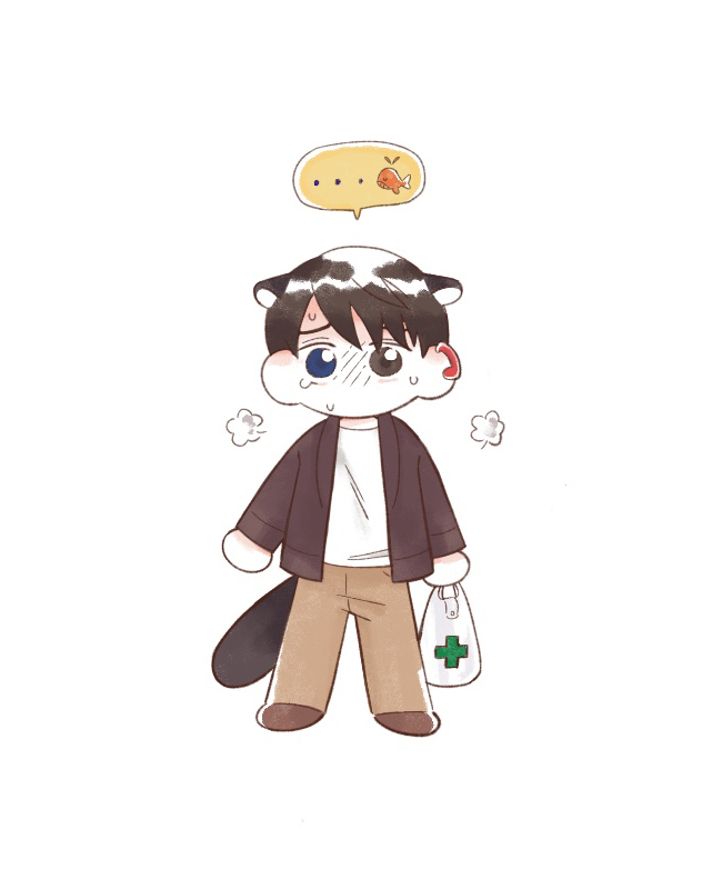 ... 1boy animal_ears bag blue_eyes brown_eyes brown_hair brown_jacket brown_pants chibi commentary_request eoduun_badaui_deungbul-i_doeeo full_body gof2ull holding holding_bag jacket kemonomimi_mode korean_commentary long_sleeves looking_at_viewer male_focus no_mouth open_clothes open_jacket pants park_moo-hyun shirt short_hair simple_background solo spoken_ellipsis standing tail white_background white_shirt