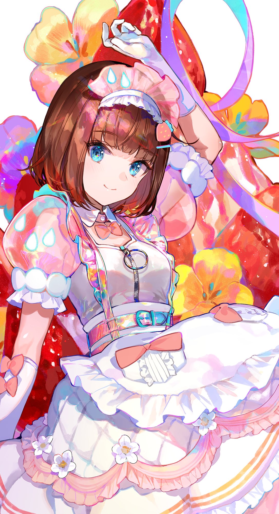 1girl apron arm_at_side arm_up blue_eyes blunt_bangs bob_cut brown_hair closed_mouth commentary_request fuzichoco gloves highres layered_skirt looking_at_viewer maid maid_headdress medium_hair puffy_short_sleeves puffy_sleeves see-through see-through_sleeves short_sleeves skirt smile solo underbust waist_apron white_apron white_gloves