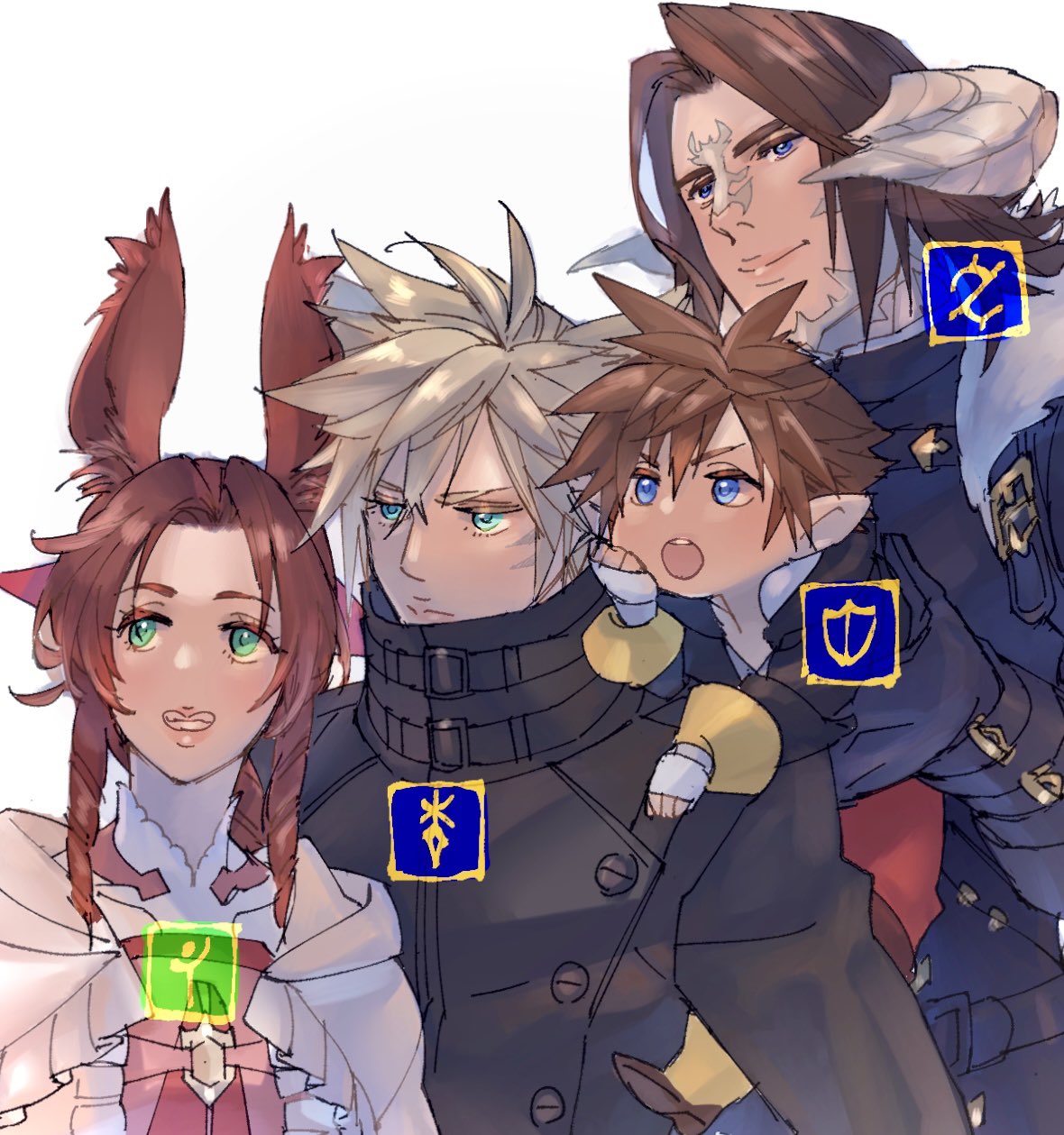 1girl 3boys aerith_gainsborough animal_ears aqua_eyes au_ra black_gloves black_jacket blonde_hair blue_eyes braid braided_ponytail brown_capelet brown_hair capelet cat_boy cat_ears cloud_strife curled_horns dress facial_mark final_fantasy final_fantasy_vii final_fantasy_vii_remake final_fantasy_xiv gloves green_eyes hair_between_eyes hair_ribbon hand_on_own_cheek hand_on_own_face highres horns jacket kingdom_hearts kingdom_hearts_ii lalafell long_hair looking_to_the_side medium_hair miqo'te multiple_boys open_mouth parted_bangs pink_dress pink_ribbon pointy_ears rabbit_ears rabbit_girl ribbon ryouto short_hair sidelocks single_braid sora_(kingdom_hearts) spiky_hair squall_leonhart upper_body viera white_background