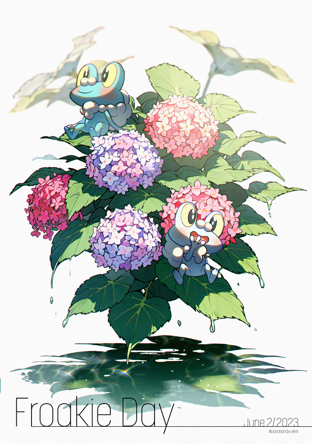 :d animal_focus black_eyes blush bright_pupils character_name colored_sclera commentary_request dated ekm flower froakie hydrangea leaf no_humans open_mouth pokemon pokemon_(creature) smile white_pupils yellow_sclera