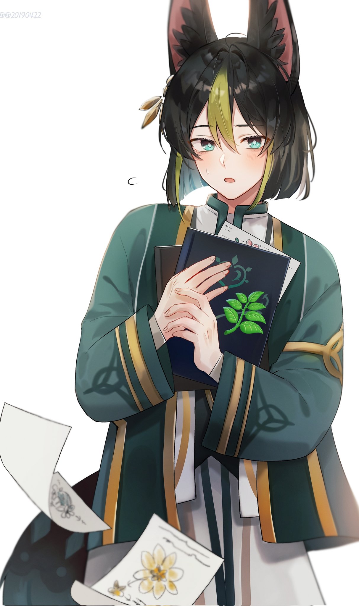1boy a20190422 animal_ears blue_eyes blush character_request genshin_impact green_robe highres holding holding_notebook looking_at_viewer male_focus medium_hair motion_lines notebook open_mouth paper robe simple_background solo sweatdrop upper_body white_background