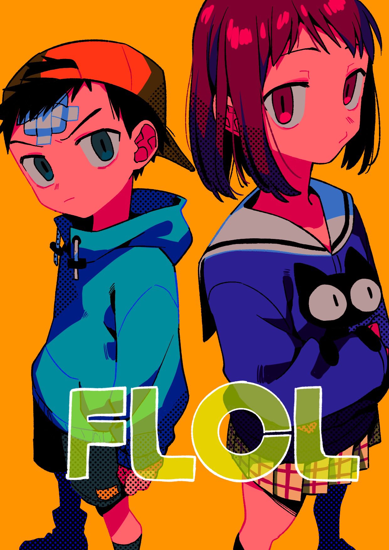 1girl aqua_hoodie baseball_cap black_cat brown_eyes brown_hair cat flcl hat highres menma_(enaic31) nandaba_naota samejima_mamimi short_hair simple_background skirt standing takkun_(flcl) yellow_background