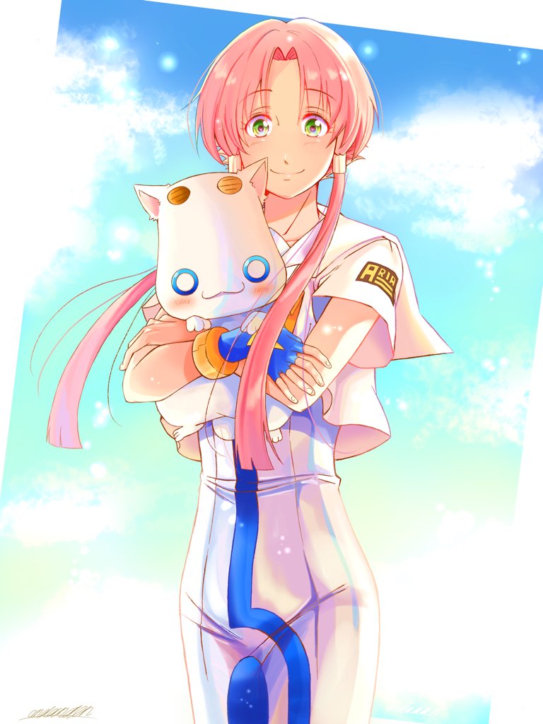1girl andanden aqua_sky aria aria_company_uniform aria_pokoteng blue_bow blue_bowtie blue_sky bow bowtie cat clouds cloudy_sky crying crying_with_eyes_open dress feet_out_of_frame gold_trim gradient_sky green_eyes hair_tubes hat holding long_dress mizunashi_akari parted_bangs pink_hair ribbon short_hair_with_long_locks short_sleeves side_slit signature sky smile solo standing tears white_dress white_footwear
