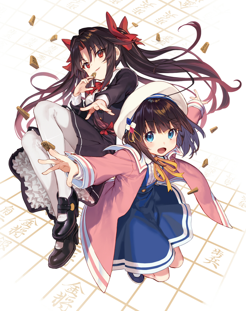 2girls ahoge beret black_dress black_footwear blue_dress blue_eyes blue_footwear bow bowtie breasts brown_hair dress hair_bow hair_ornament hat high_heels hinatsuru_ai jacket long_hair long_sleeves looking_at_viewer multiple_girls neck_ribbon official_art open_mouth outstretched_arms pantyhose petticoat pink_jacket reaching reaching_towards_viewer red_eyes ribbon ryuuou_no_oshigoto! shirabi shogi_piece short_hair sidelocks small_breasts smile smirk sparkle spread_arms twintails white_headwear white_pantyhose yashajin_ai