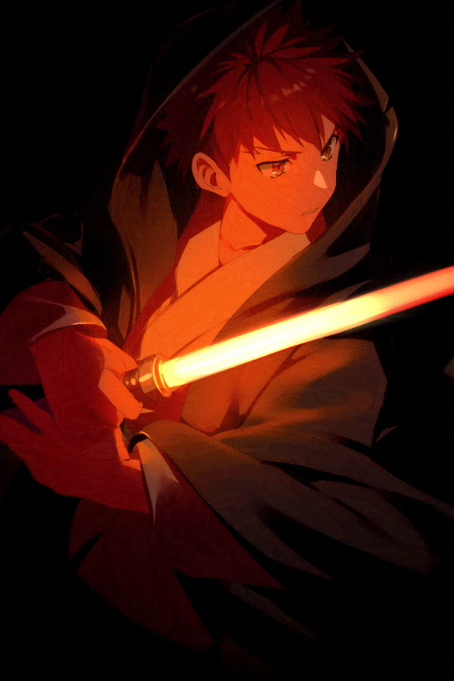1boy black_background black_cloak cloak echo_(circa) emiya_shirou energy_sword fate/grand_order fate_(series) holding holding_lightsaber holding_sword holding_weapon hood hood_up hooded_cloak lightsaber long_sleeves looking_to_the_side male_focus red_lightsaber redhead robe simple_background solo star_wars sword upper_body weapon white_robe wide_sleeves yellow_eyes