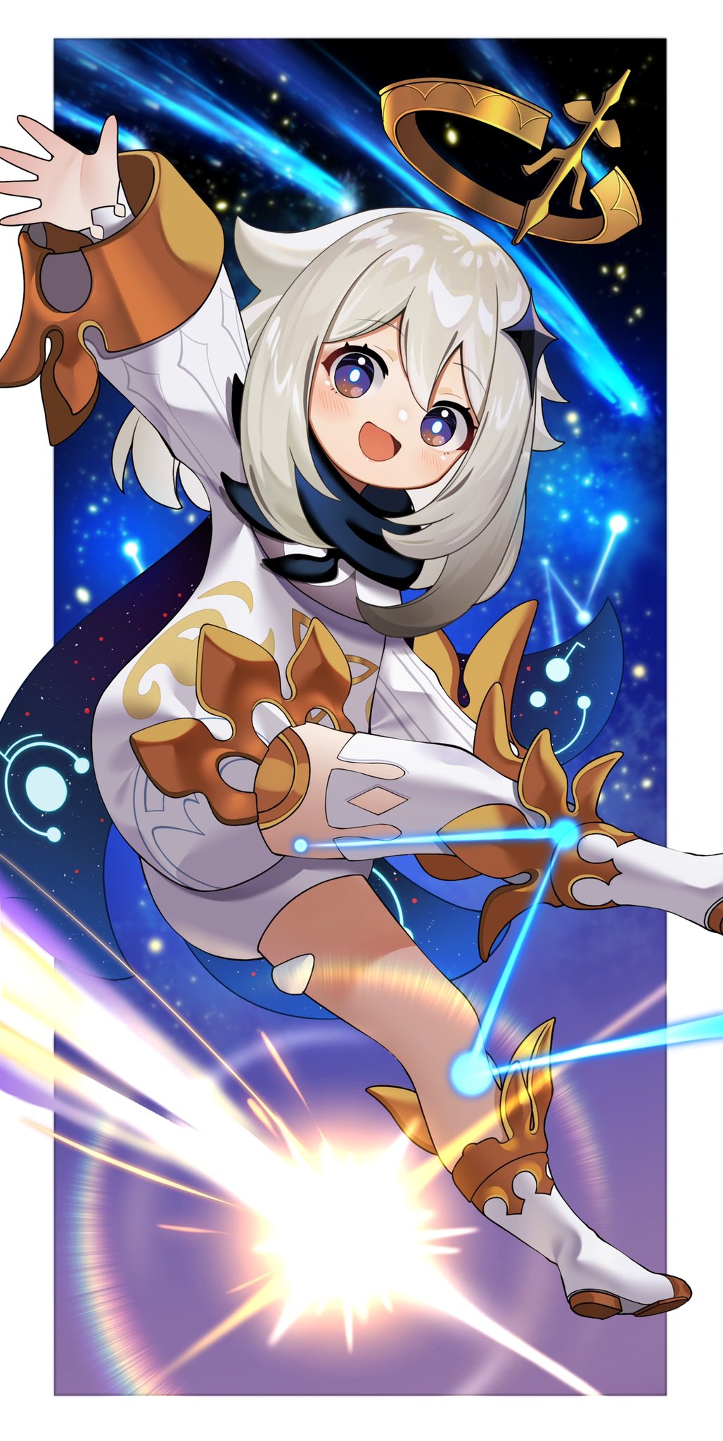 1girl arm_up black_sky blue_scarf blue_sky blush boots border bright_pupils constellation crystal_hair_ornament dress falling_star flying genshin_impact grey_hair hair_between_eyes hair_ornament halo highres leg_up long_sleeves mechanical_halo night night_sky open_mouth outside_border paimon_(genshin_impact) purple_sky scarf short_hair sky smile solo star_(sky) starry_sky tongue violet_eyes white_border white_dress white_footwear white_pupils wide_sleeves yuujin_(yuzinn333)