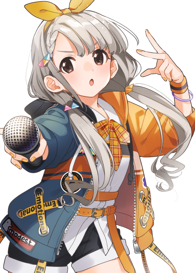 1girl belt black_shorts blush booota bow bowtie bracelet braid braided_bangs brown_eyes cowboy_shot dot_nose grey_hair hair_bow hair_ornament hair_ribbon hand_up hisakawa_nagi holding holding_microphone hood hood_down hoodie idolmaster idolmaster_cinderella_girls idolmaster_cinderella_girls_starlight_stage jacket jewelry long_hair long_sleeves looking_at_viewer low_twintails microphone multicolored_clothes multicolored_jacket open_clothes open_hoodie open_mouth orange_nails plaid plaid_bow plaid_bowtie reaching reaching_towards_viewer ribbon shirt shorts simple_background solo twintails two-tone_jacket v-shaped_eyebrows very_long_hair w white_background white_shirt yellow_belt yellow_bow yellow_bowtie yellow_ribbon yellow_wristband zipper zipper_pull_tab