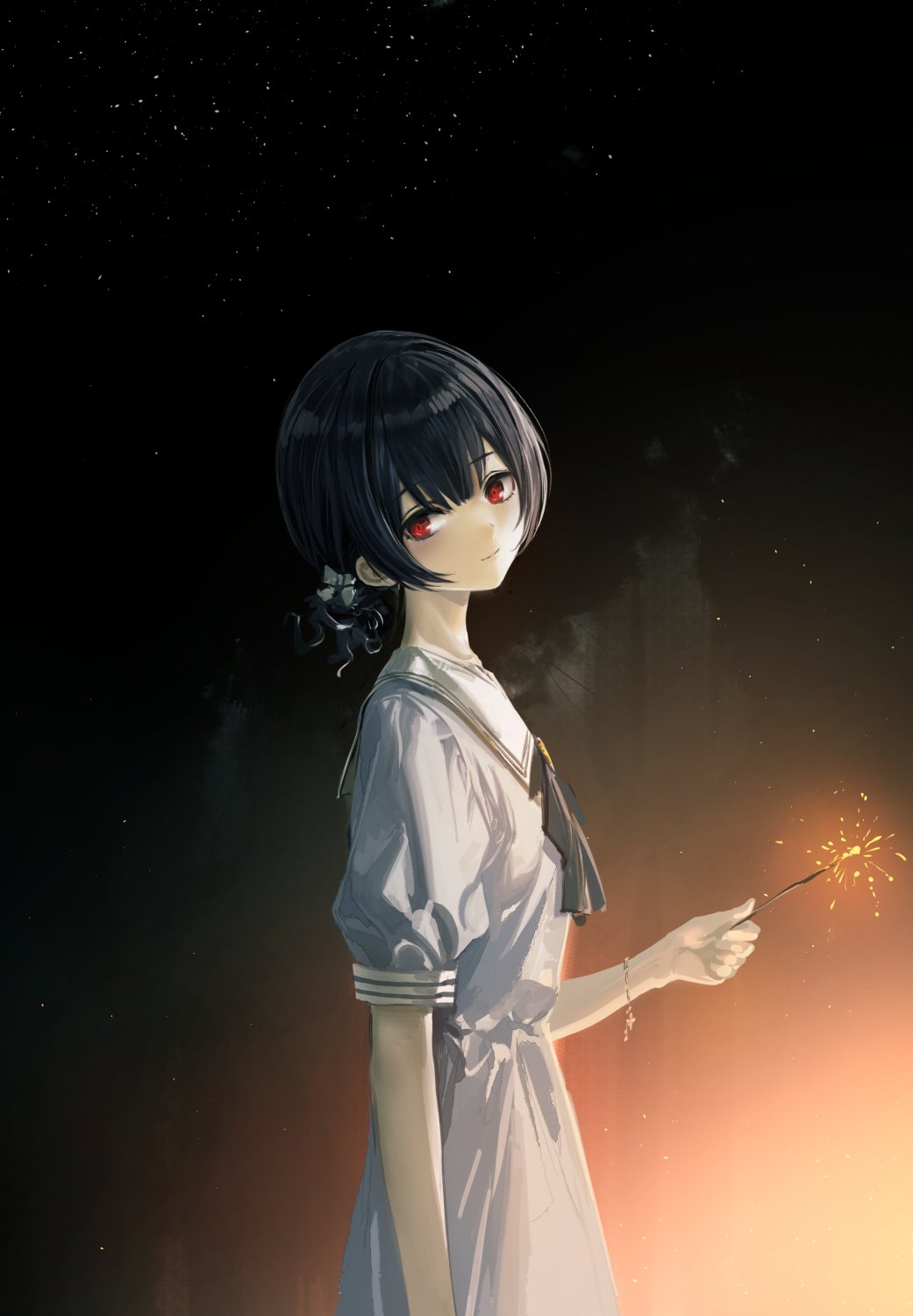 blue_hair breasts dark_blue_hair dress fireworks head_tilt highres holding_fireworks idolmaster idolmaster_shiny_colors infukun light_smile looking_at_viewer looking_to_the_side morino_rinze night night_sky red_eyes sailor_dress short_sleeves sky small_breasts sparkler star_(sky) white_dress