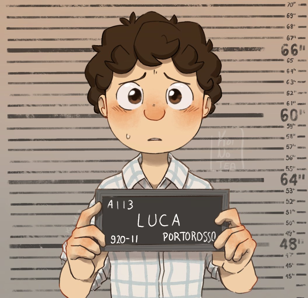 1boy animification artist_name barbie_mugshot_(meme) bishounen blush card child english_commentary english_text height_chart height_mark holding holding_card holding_sign koinotea luca_(pixar) luca_paguro male_child male_focus meme mugshot nervous open_mouth sign solo upper_body