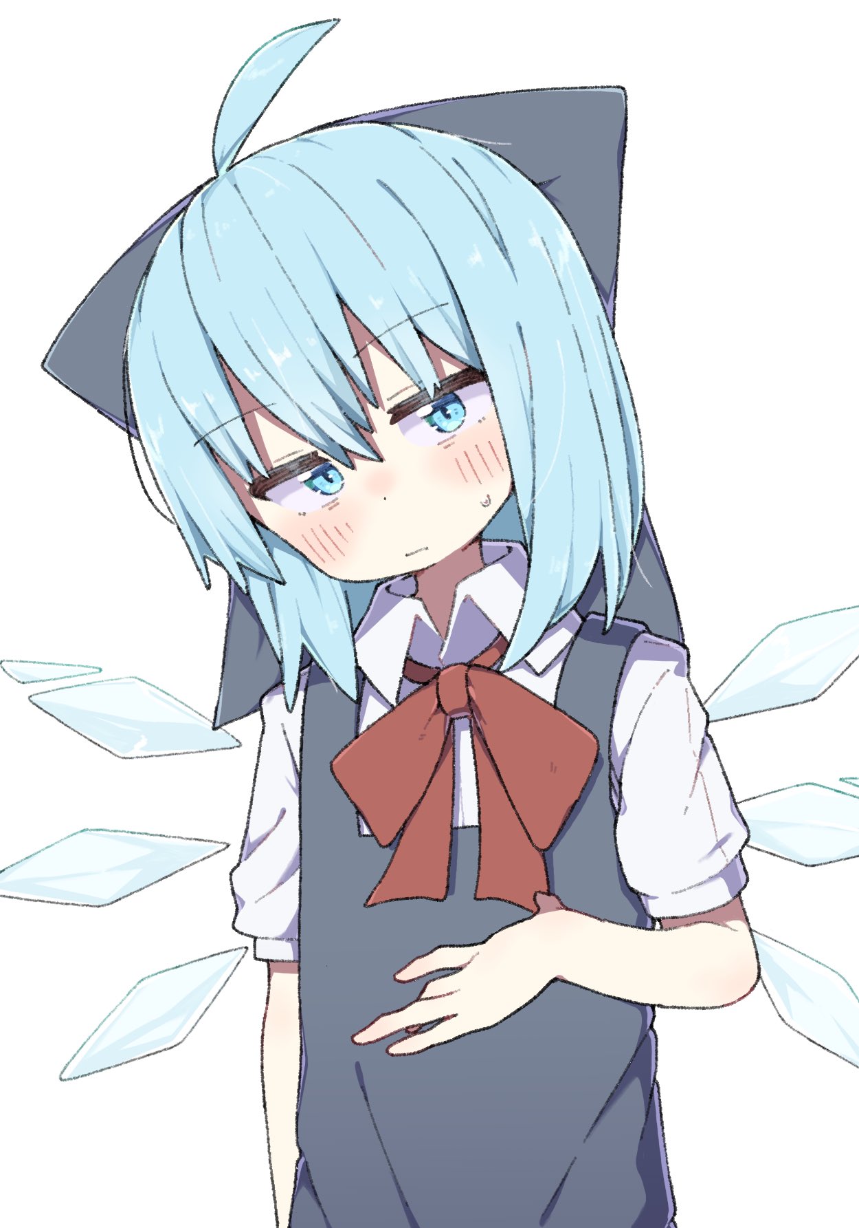 1girl ahoge blue_bow blue_dress blue_eyes blue_hair blush bow bowtie check_commentary cirno collared_shirt commentary_request detached_wings dot_nose dress expressionless fairy_wings hair_bow hand_on_own_stomach highres ice ice_wings kae_karee looking_at_viewer medium_hair pinafore_dress red_bow red_bowtie shirt simple_background sleeveless sleeveless_dress solo sweatdrop touhou white_background white_shirt wings