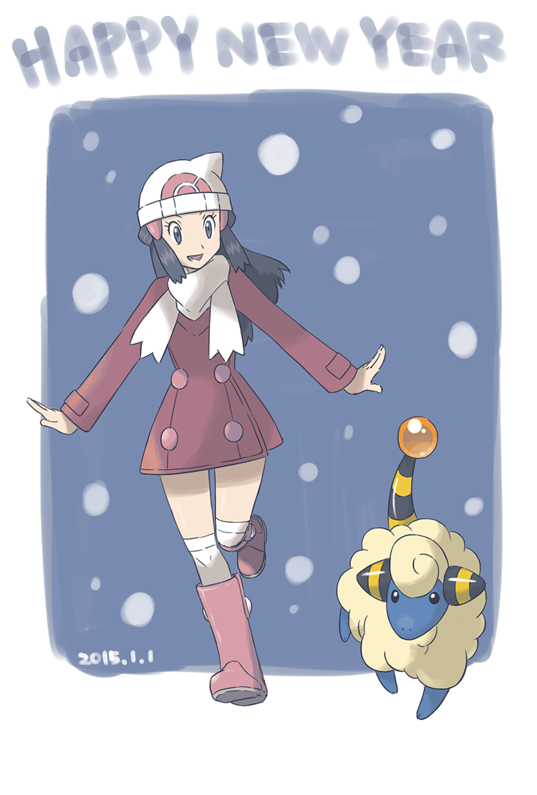 1girl :d beanie black_hair boots coat commentary_request dated eyelashes grey_eyes hair_ornament hairclip happy_new_year hat hikari_(pokemon) leg_up long_hair long_sleeves mareep open_mouth over-kneehighs pink_footwear pokemon pokemon_(creature) pokemon_(game) pokemon_dppt pokemon_platinum sawa_(soranosawa) scarf sidelocks smile standing standing_on_one_leg thigh-highs white_headwear white_scarf