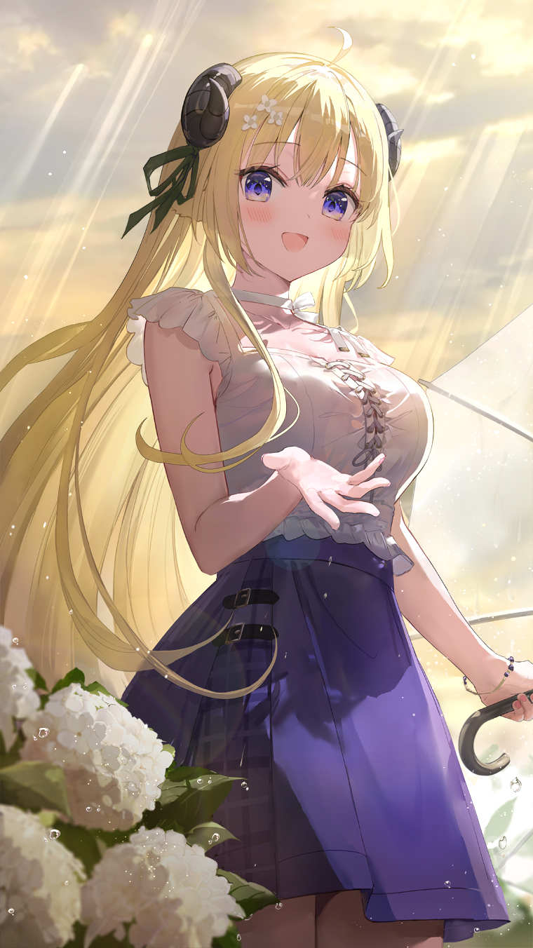 1girl ahoge arm_up blonde_hair breasts collarbone cross-laced_clothes floating_hair flower fuumi_(radial_engine) hair_flower hair_ornament hair_ribbon highres holding holding_umbrella hololive horns large_breasts long_hair looking_at_viewer multicolored_eyes open_mouth outdoors purple_skirt ribbon sheep_girl sheep_horns shirt short_sleeves sidelocks skirt smile sunlight tsunomaki_watame umbrella virtual_youtuber water_drop white_flower white_shirt