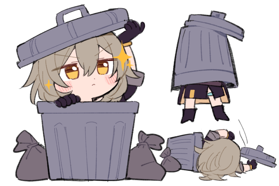 1girl arm_up arms_up bag black_coat black_footwear black_gloves black_skirt blush boots chibi closed_mouth coat commentary do_m_kaeru flying gloves grey_hair hair_between_eyes hand_up high_heels honkai:_star_rail honkai_(series) in_trash_can long_hair long_sleeves looking_up lying on_side open_clothes open_coat simple_background skirt solo standing star_(symbol) stelle_(honkai:_star_rail) symbol-only_commentary trailblazer_(honkai:_star_rail) trash_bag trash_can v-shaped_eyebrows white_background yellow_eyes