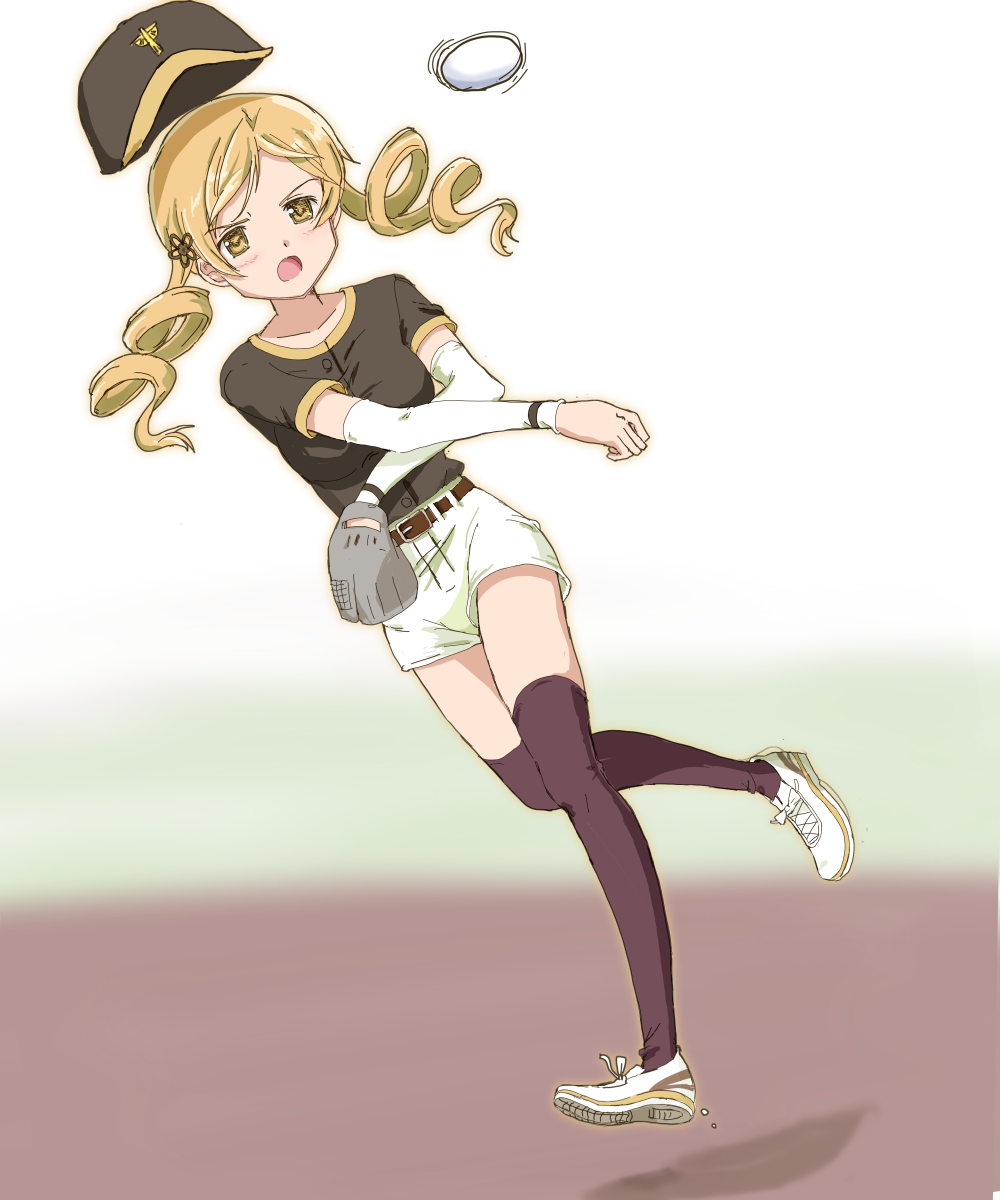 1girl baseball baseball_cap baseball_mitt baseball_uniform black_shirt black_thighhighs blonde_hair drill_hair hair_ornament hairpin hat highres kinfuji layered_sleeves long_sleeves mahou_shoujo_madoka_magica shirt short_over_long_sleeves short_sleeves shorts solo sportswear thigh-highs throwing tomoe_mami twin_drills white_shorts yellow_eyes