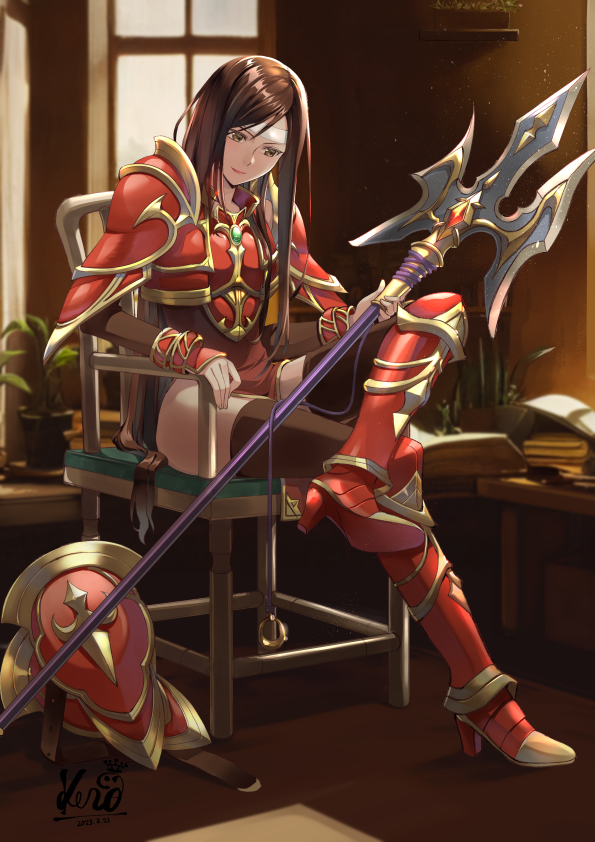 1girl altena_(fire_emblem) arm_guards armor armored_boots book boots breastplate brown_eyes brown_hair chair crossed_legs dated fire_emblem fire_emblem:_genealogy_of_the_holy_war greaves headband holding holding_polearm holding_weapon indoors kero_sweet long_hair pauldrons polearm shoulder_armor signature sitting smile solo spear thigh-highs weapon