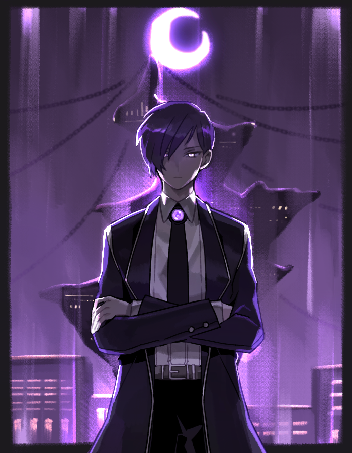 1boy belt black_pants brown_belt chain city closed_mouth coat collared_shirt crescent_moon crossed_arms expressionless formal glowing glowing_eyes lc_warning library_of_ruina long_sleeves moon necktie pants project_moon purple_coat purple_hair purple_necktie purple_theme shirt solo white_shirt wing_collar yesod_(project_moon)