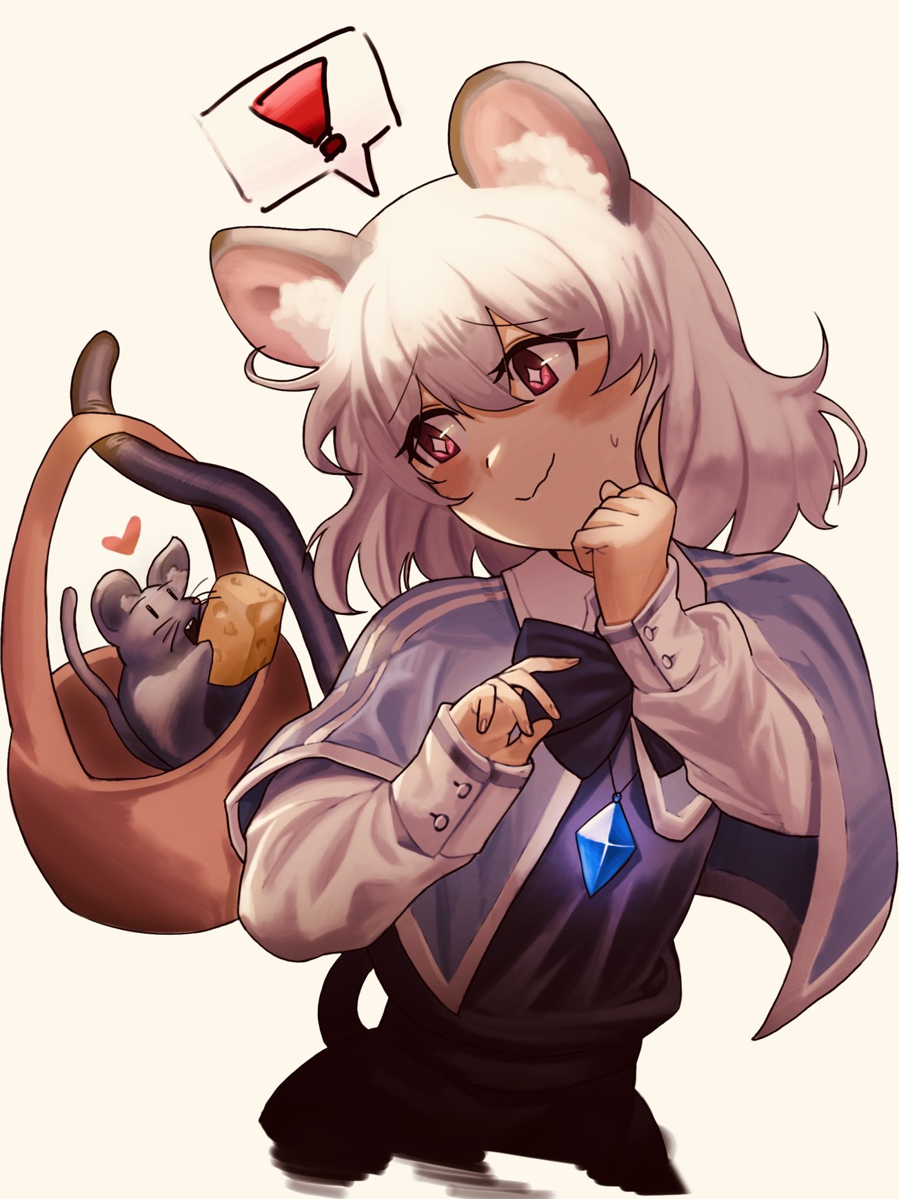 ! +_+ 1girl animal_ears basket blue_capelet blush capelet cheese closed_mouth commentary food grey_hair heart highres jewelry long_sleeves looking_at_another mouse mouse_ears mouse_girl mouse_tail nazrin pendant red_eyes short_hair simple_background smile spoken_exclamation_mark sweatdrop tail touhou turtle-kun upper_body yellow_background