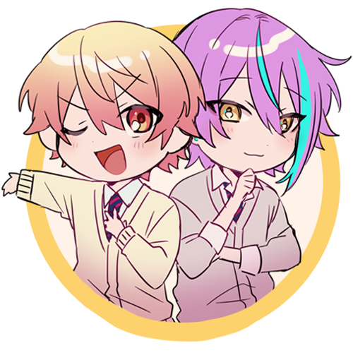 2boys :d aqua_hair blue_necktie cardigan chanms circular_border clenched_hand closed_mouth collared_shirt commentary diagonal-striped_necktie dot_nose double-parted_bangs earrings framed gradient_hair grey_cardigan hair_between_eyes hand_on_own_chest hand_on_own_chin jewelry kamishiro_rui kamiyama_high_school_uniform_(project_sekai) light_blush long_sleeves looking_at_viewer lowres male_focus multicolored_hair multiple_boys necktie one_eye_closed open_collar open_mouth orange_eyes project_sekai purple_hair red_necktie school_uniform shirt side-by-side simple_background sleeves_past_elbows sleeves_rolled_up smile streaked_hair stud_earrings tenma_tsukasa tsurime two-tone_hair two-tone_necktie upper_body v-neck wavy_mouth white_background white_shirt yellow_cardigan yellow_eyes