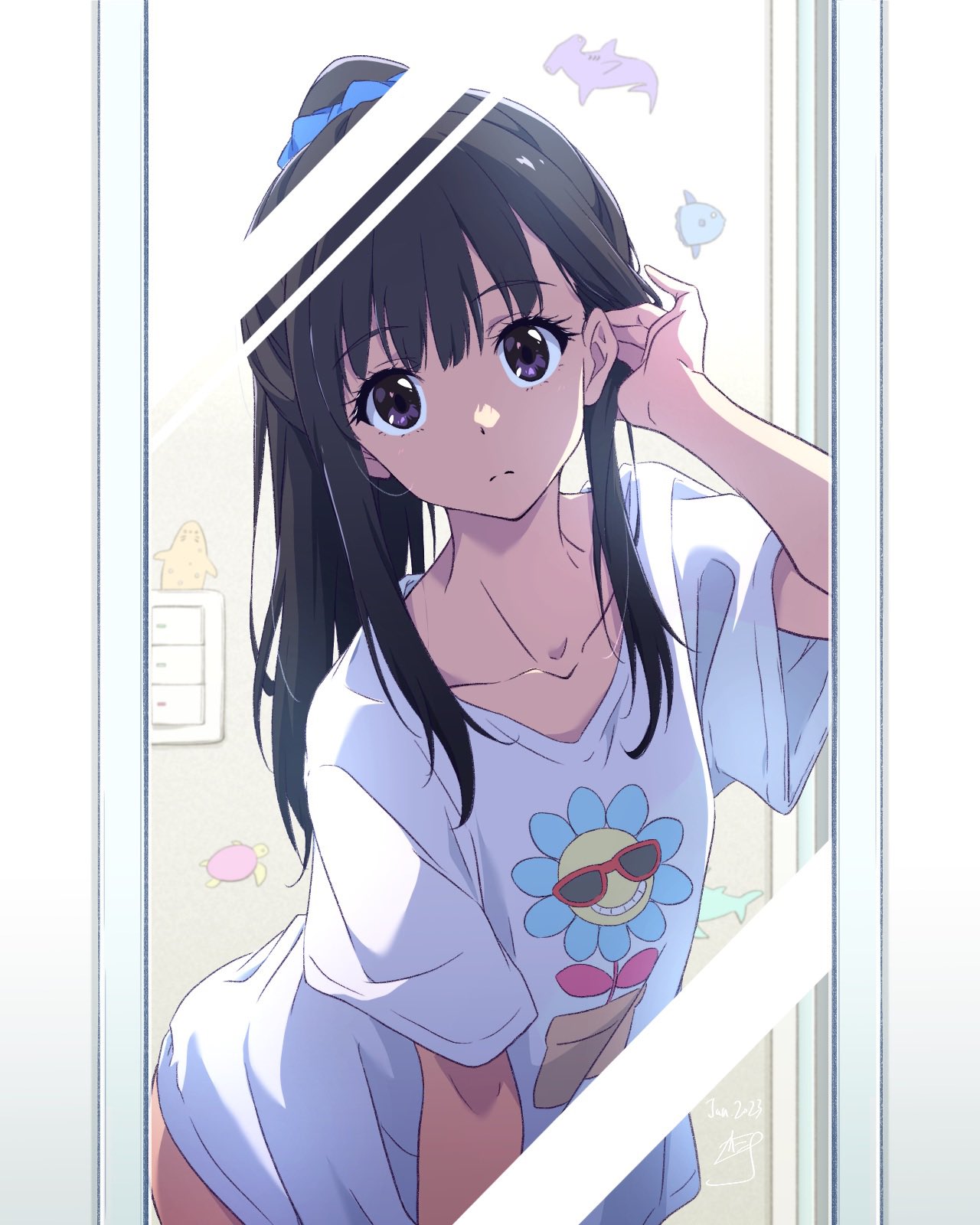 1girl adjusting_hair alternate_costume artist_name black_hair dated floral_print highres inoue_takina looking_at_mirror looking_at_viewer lycoris_recoil mirror nii_manabu shirt short_sleeves solo sunflower_print violet_eyes white_background white_shirt