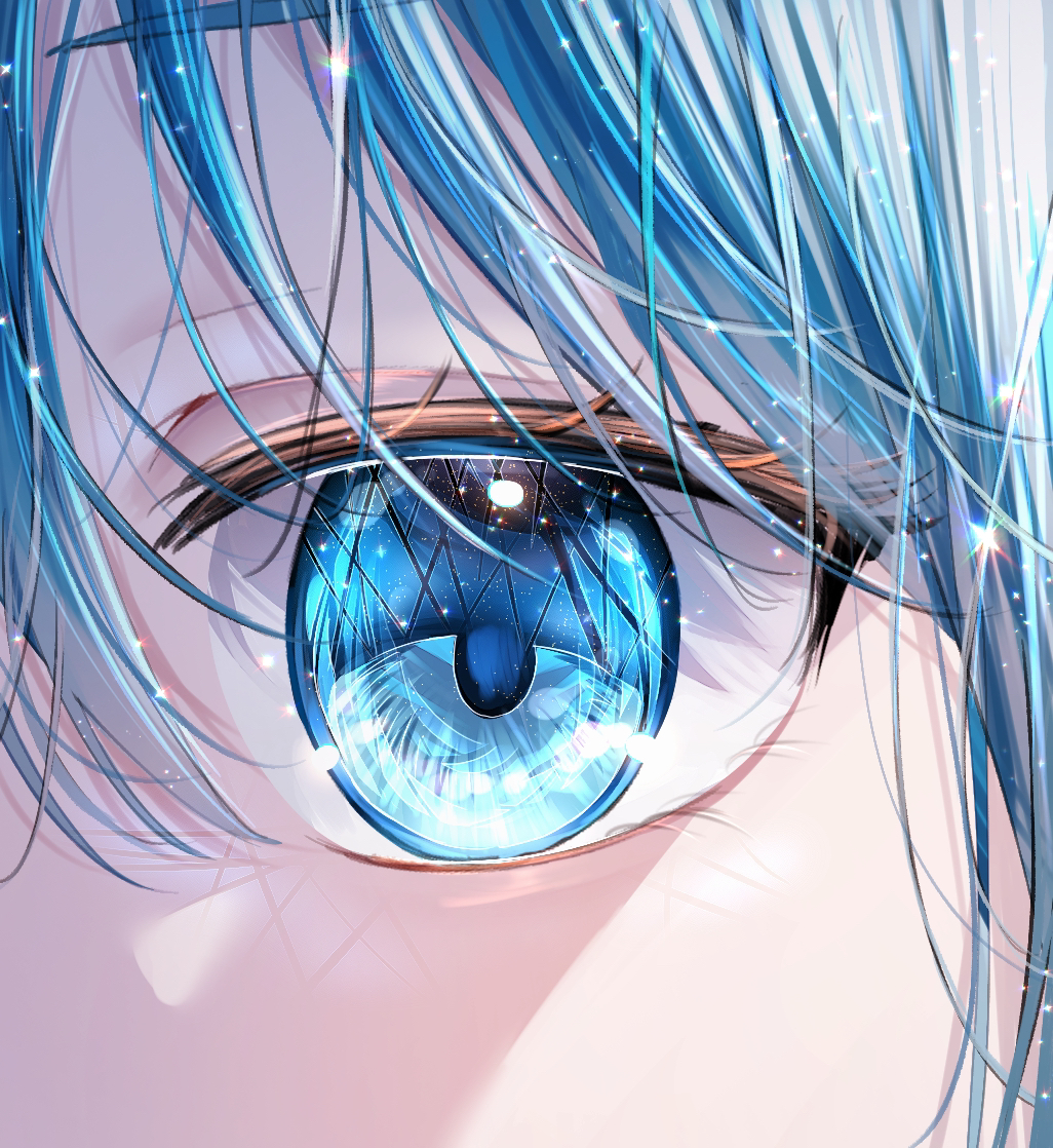 1girl blue_eyes blue_hair chromatic_aberration close-up commentary_request eye_focus hair_between_eyes hatsune_miku light_particles looking_at_viewer mahiru_yura shade shadow solo sparkle vocaloid