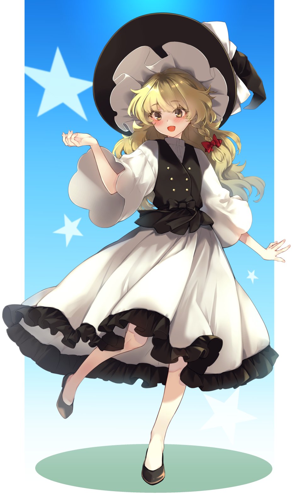 1girl alternate_costume blonde_hair blush bow braid frills hair_bow hat hat_bow highres kirisame_marisa long_hair long_skirt meji_aniki open_mouth puffy_sleeves shoes side_braid simple_background skirt solo star_(symbol) touhou white_bow witch_hat yellow_eyes