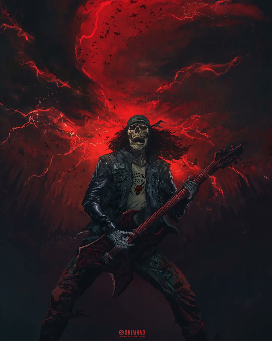 1boy bandana black_hair blue_bandana blue_jacket denim denim_jacket eddie_munson electric_guitar flying forest guitar heavy_metal highres holding holding_instrument instrument jacket jeans long_hair looking_at_viewer messy_hair nature pants red_lightning shimhaq skeleton skull smile solo stranger_things torn_clothes torn_jeans torn_pants