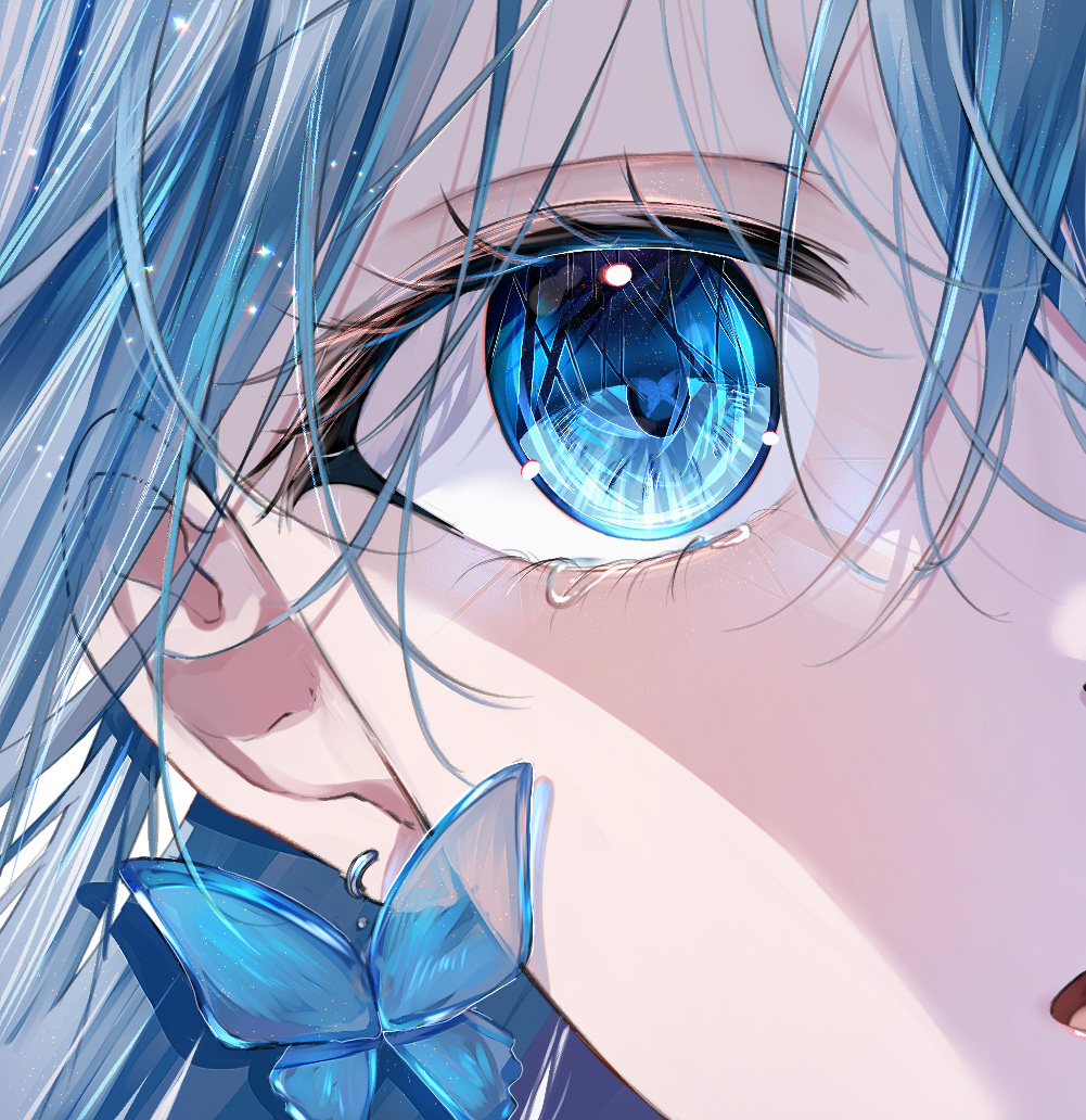 1girl blue_eyes blue_hair butterfly-shaped_pupils butterfly_earrings chromatic_aberration close-up commentary crying crying_with_eyes_open earrings eye_focus hair_between_eyes jewelry light_particles looking_at_viewer mahiru_yura open_mouth original shade solo sparkle symbol-only_commentary tears white_background