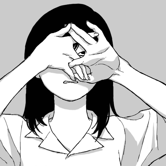 1girl collared_shirt commentary_request covering_own_eyes greyscale hands_up interlocked_fingers long_hair monochrome multiple_sources one_eye_covered open_mouth original own_hands_together peeking_through_fingers rolling_eyes scowl shirt shokugyo short_sleeves simple_background solo straight-on upper_body