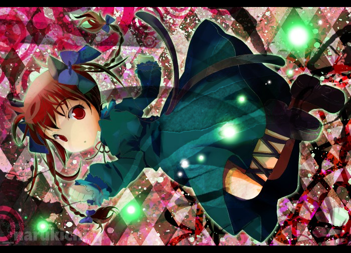 1girl abstract_background animal_ears argyle argyle_background black_footwear blue_bow bow braid cat_ears cat_tail commentary dress floating_hair from_side full_body green_dress hair_bow hair_ribbon kaenbyou_rin leg_ribbon long_hair looking_back multiple_tails naruki nekomata red_eyes redhead ribbon shoes solo tail touhou tress_ribbon twin_braids two_tails