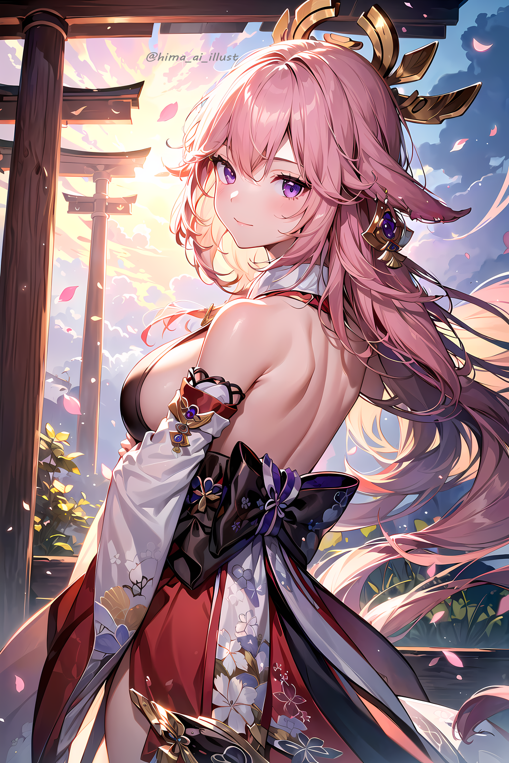 1girl animal_ears bare_shoulders blush breasts cherry_blossoms detached_sleeves earrings fox_ears genshin_impact highres hima658 japanese_clothes jewelry kimono long_hair looking_at_viewer looking_back miko nontraditional_miko pink_hair shrine sideboob smile solo torii violet_eyes yae_miko