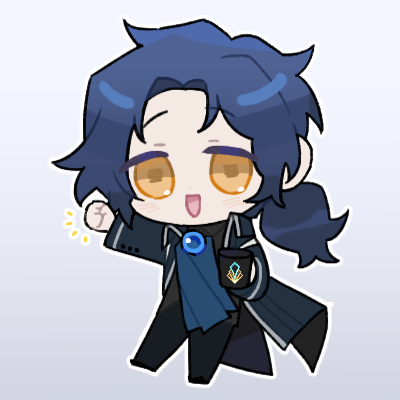 1boy ascot black_pants blue_ascot blue_coat blue_gemstone blue_hair brooch chesed_(project_moon) chibi clenched_hand coat cup gem holding holding_cup jewelry lc_warning library_of_ruina looking_at_viewer low_ponytail lowres mug open_mouth pants parted_bangs project_moon simple_background smile solo standing standing_on_one_leg white_background yellow_eyes