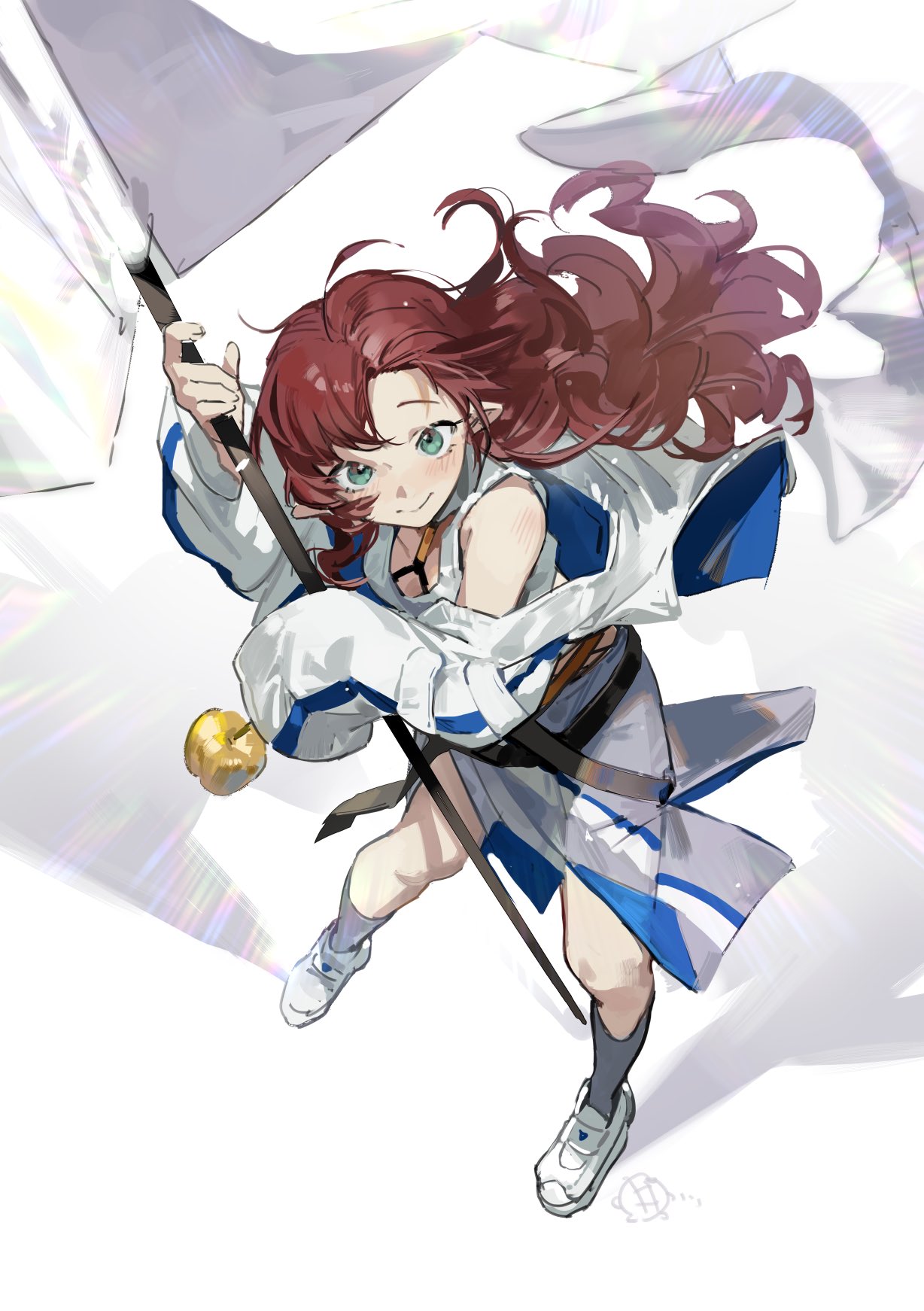 1girl apple arknights bokyo commentary_request flag food fruit golden_apple green_eyes grey_socks highres holding holding_flag jacket long_hair long_sleeves looking_at_viewer myrtle_(arknights) off_shoulder pointy_ears redhead socks solo tank_top very_long_hair white_flag white_footwear white_jacket white_tank_top