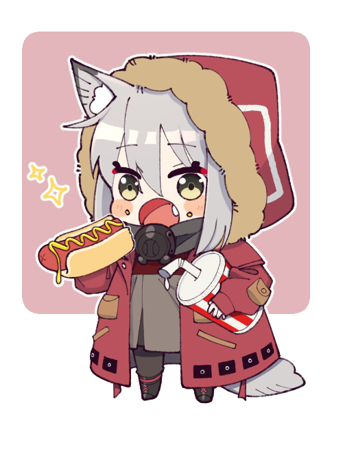 1girl animal_ear_fluff animal_ears arknights black_footwear blush_stickers boots chibi cup disposable_cup dress drinking_straw fang food food_on_face full_body grey_dress grey_hair hair_between_eyes holding holding_food hood hooded_jacket hot_dog jacket lemon_raimu long_sleeves medium_hair open_mouth pink_background projekt_red_(arknights) red_jacket solo sparkle tail wolf_ears wolf_tail