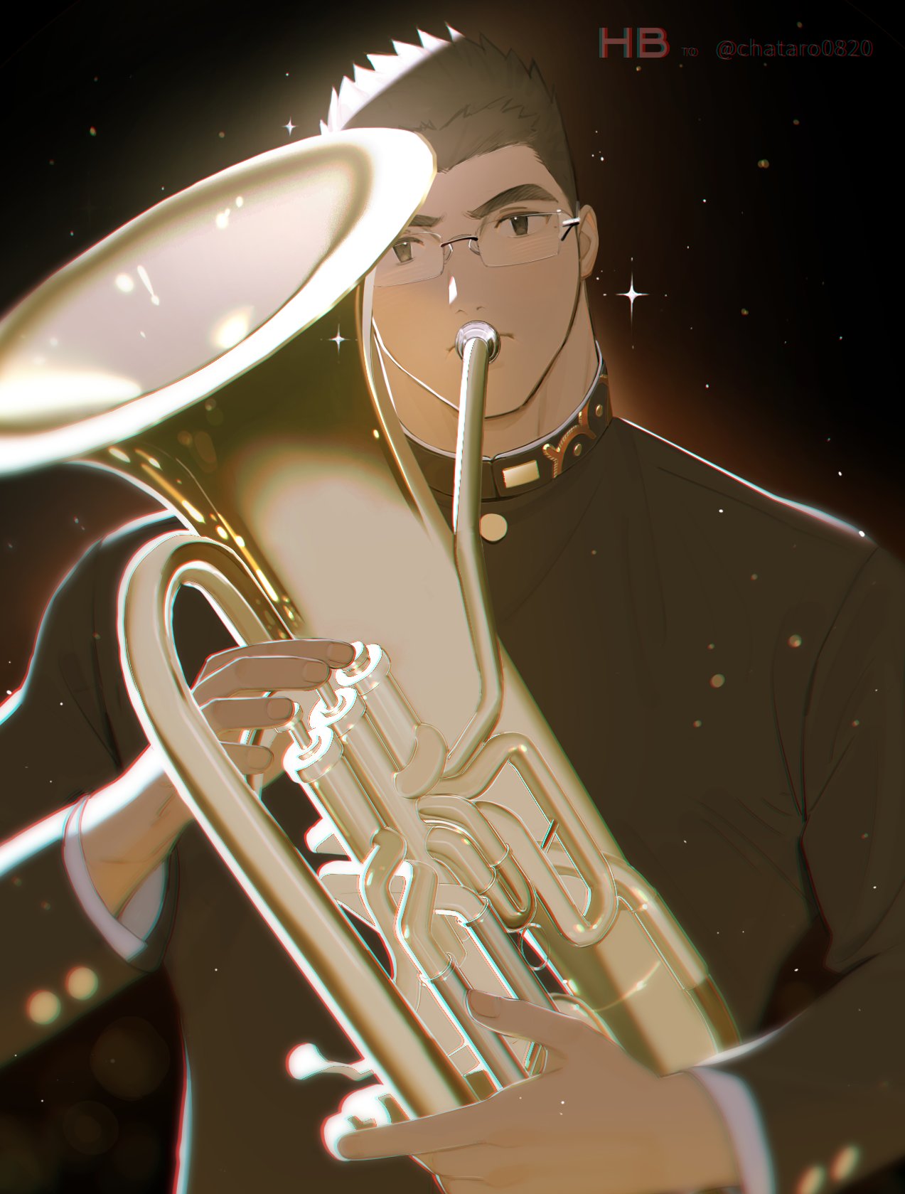 1boy black_background black_hair chromatic_aberration commentary_request gakuran gift_art glasses glowing happy_birthday highres instrument male_focus motoori_shiro music playing_instrument rimless_eyewear school_uniform short_hair solo sparkle thick_eyebrows tokyo_afterschool_summoners tuba twitter_username tyou upper_body