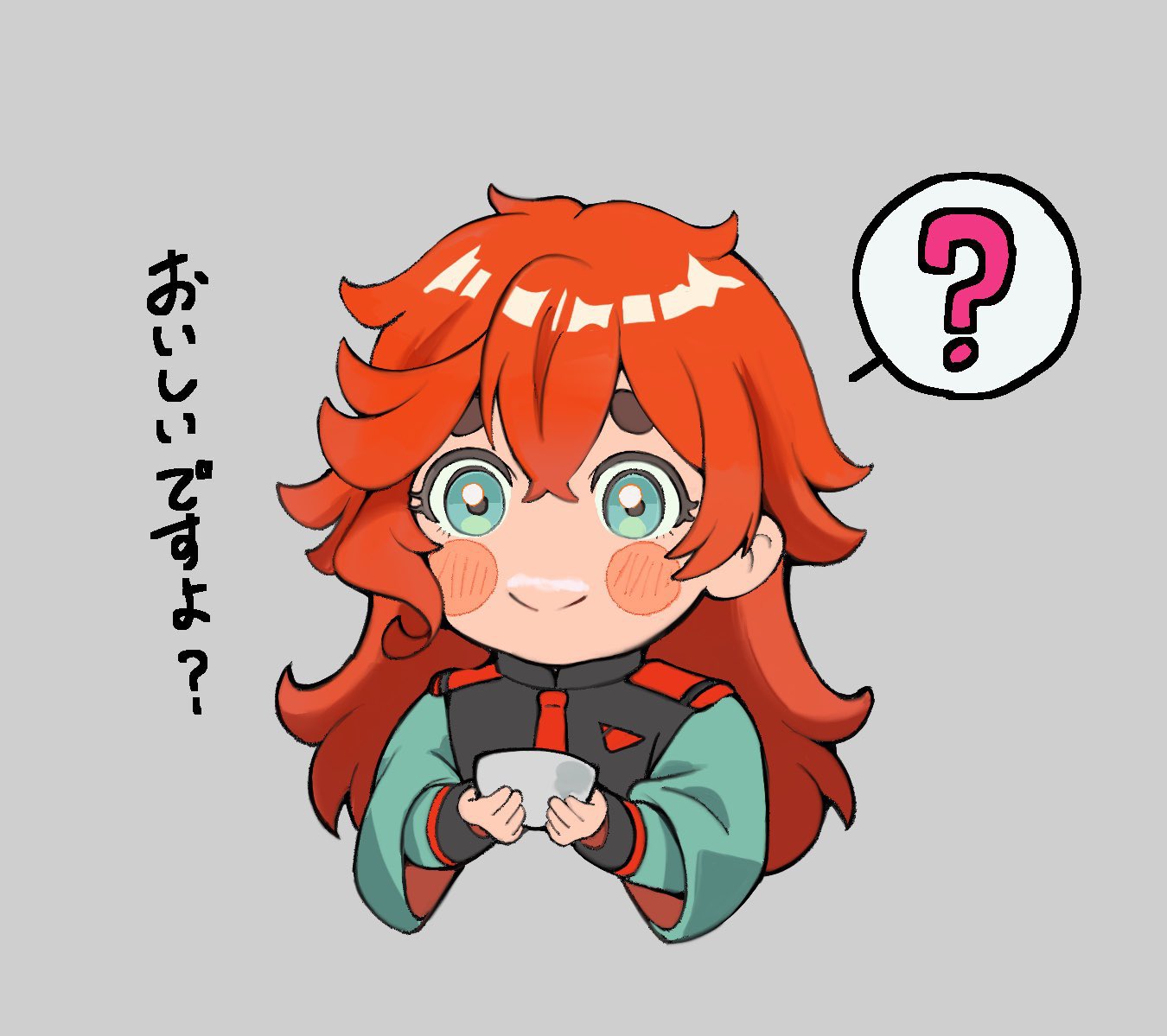 1girl ? aqua_eyes blush bowl chibi closed_mouth commentary_request cropped_torso grey_background gundam gundam_suisei_no_majo hair_between_eyes hair_down holding holding_bowl long_hair long_sleeves looking_at_viewer official_alternate_hairstyle redhead simple_background smile solo speech_bubble spoken_question_mark suiseikaro suletta_mercury thick_eyebrows translation_request upper_body wide_sleeves